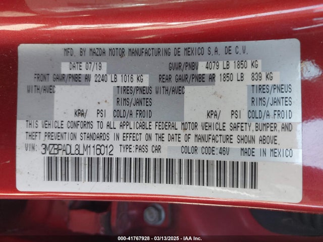 3MZBPADL8LM116012 Mazda Mazda3 Preferred Package