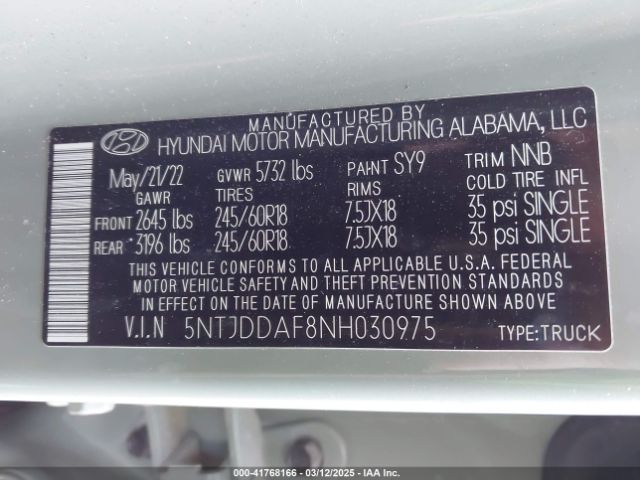 5NTJDDAF8NH030975 Hyundai Santa Cruz Sel Premium