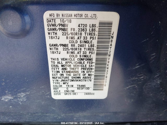 JN8AT2MV9KW379176 Nissan ROGUE SV