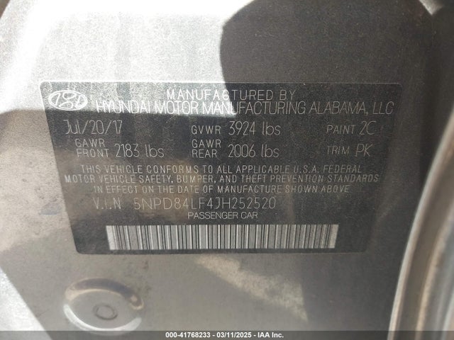 5NPD84LF4JH252520 Hyundai ELANTRA SEL