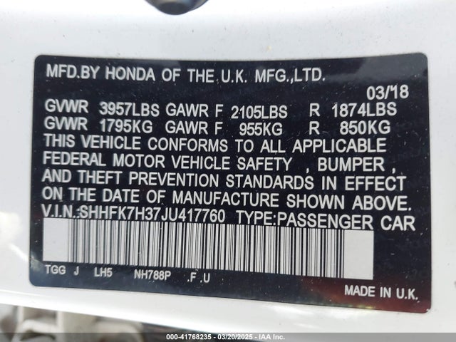 SHHFK7H37JU417760 Honda Civic Lx