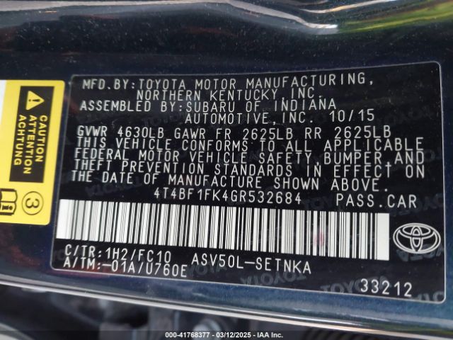4T4BF1FK4GR532684 Toyota CAMRY LE