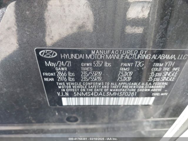 5NMS4DAL3MH370281 Hyundai Santa Fe Limited
