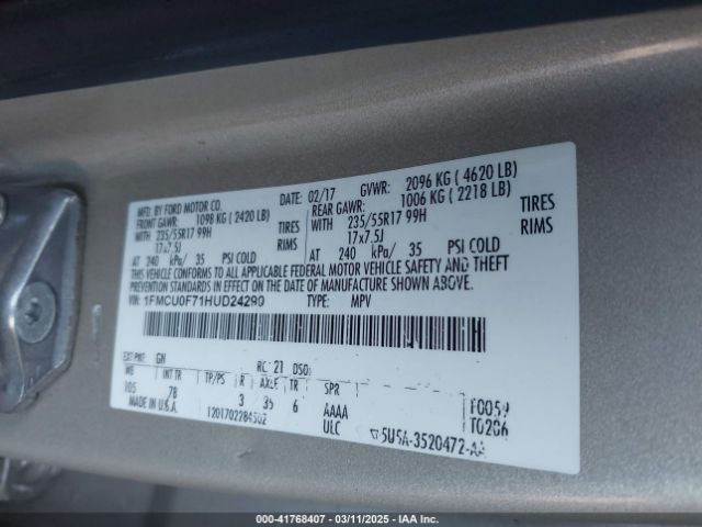 1FMCU0F71HUD24290 Ford ESCAPE S