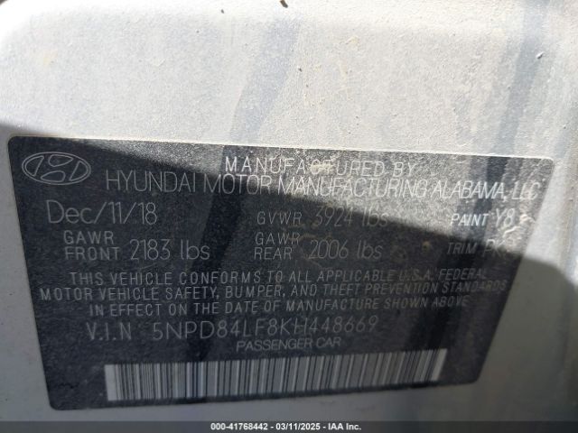 5NPD84LF8KH448669 Hyundai Elantra Value Edition