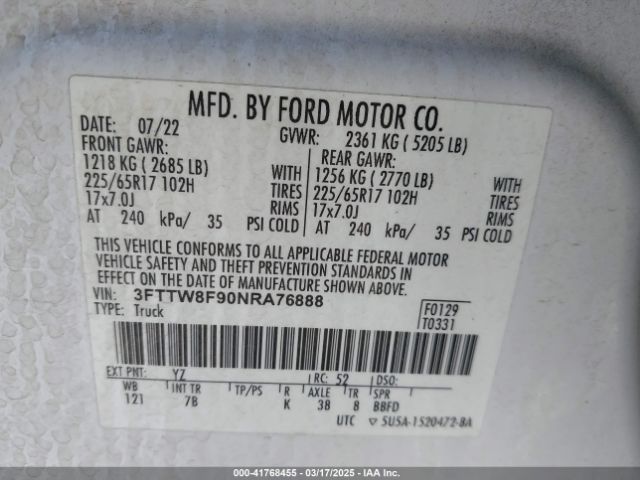 3FTTW8F90NRA76888 Ford Maverick Xlt