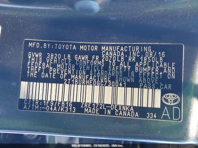 2T1BURHE0GC730041 Toyota COROLLA LE
