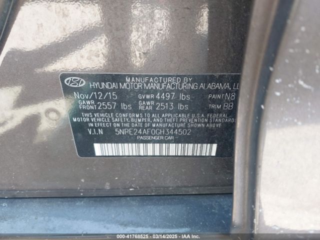 5NPE24AF0GH344502 Hyundai SONATA SE