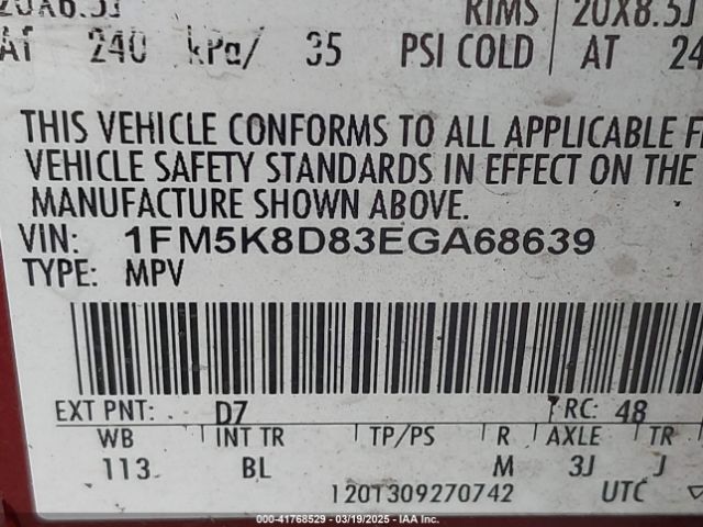 1FM5K8D83EGA68639 Ford EXPLORER XLT