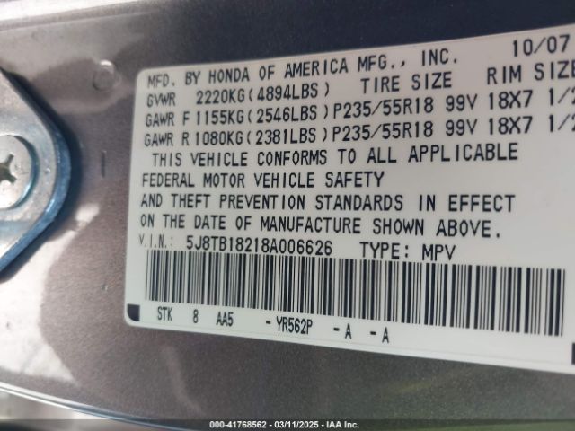 2008 ACURA RDX 5J8TB18218A006626 Photo 8