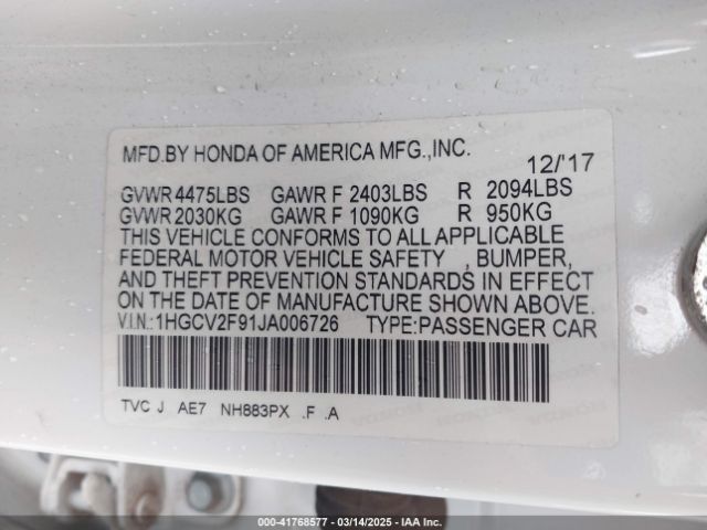 1HGCV2F91JA006726 Honda Accord Touring 2.0t