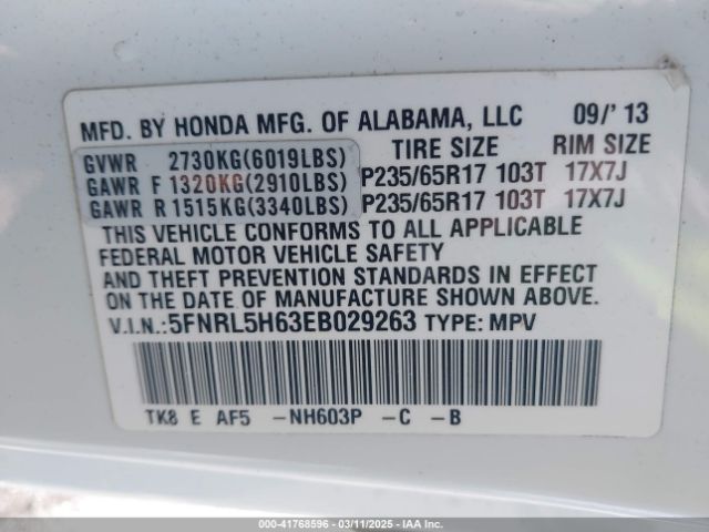5FNRL5H63EB029263 Honda Odyssey Ex-l