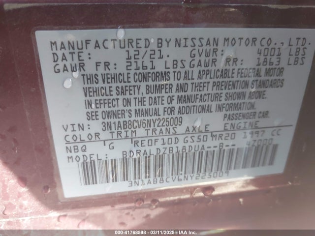 3N1AB8CV6NY225009 Nissan Sentra Sv Xtronic Cvt