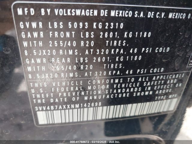 3VV4B7AXXNM142698 Volkswagen Tiguan 2.0t Sel R-line