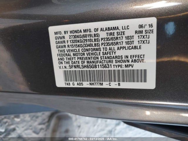5FNRL5H65GB115631 Honda Odyssey Ex-l