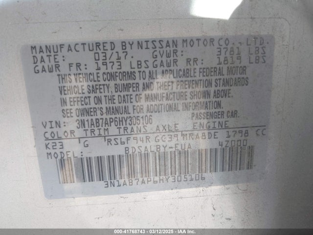 3N1AB7AP6HY305106 Nissan SENTRA S