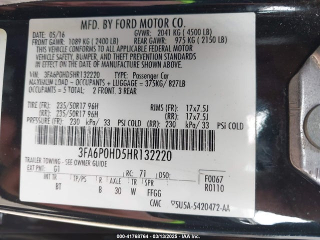 Ford FUSION SE 2017 3FA6P0HD5HR132220 Image 9
