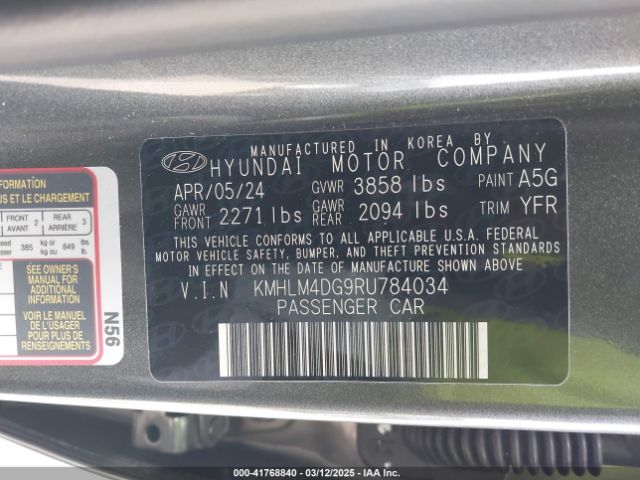 KMHLM4DG9RU784034 Hyundai ELANTRA SEL