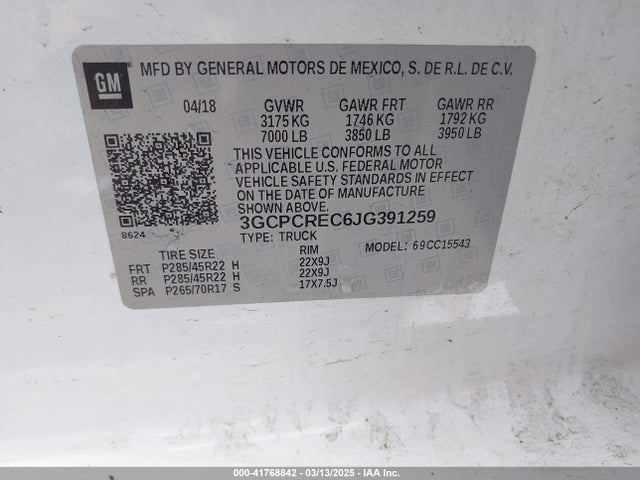 3GCPCREC6JG391259 Chevrolet Silverado 1500 1lt