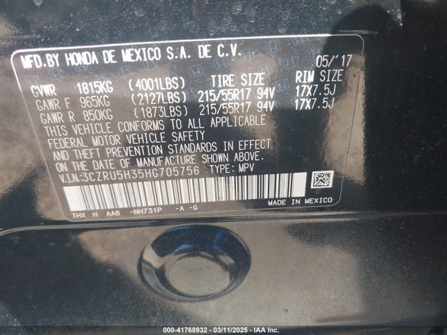 3CZRU5H35HG705756 Honda HR-V LX