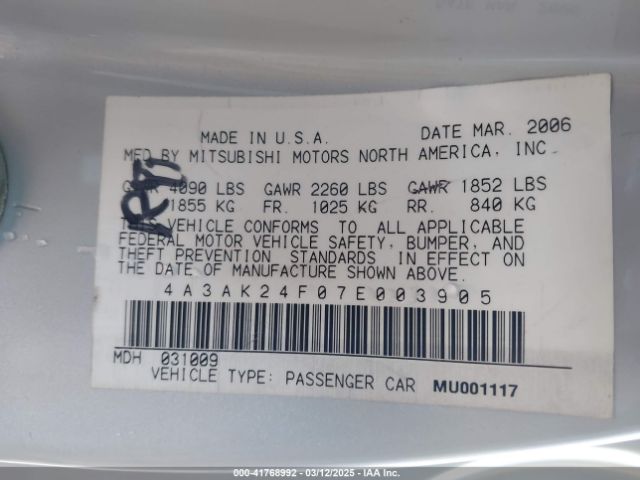 2007 MITSUBISHI ECLIPSE 4A3AK24F07E003905 Photo 8