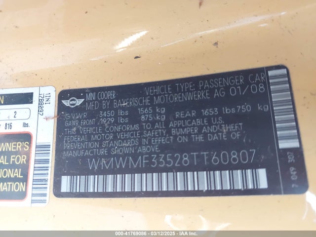 2008 MINI COOPER WMWMF33528TT60807 Photo 8