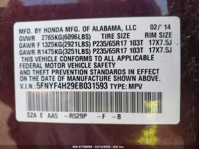 5FNYF4H29EB031593 Honda PILOT LX