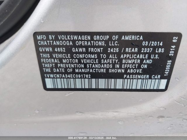 1VWCN7A34EC091762 Volkswagen Passat 2.0l Tdi Sel Premium