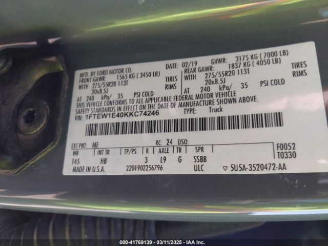 1FTEW1E40KKC74246 Ford F-150 Lariat