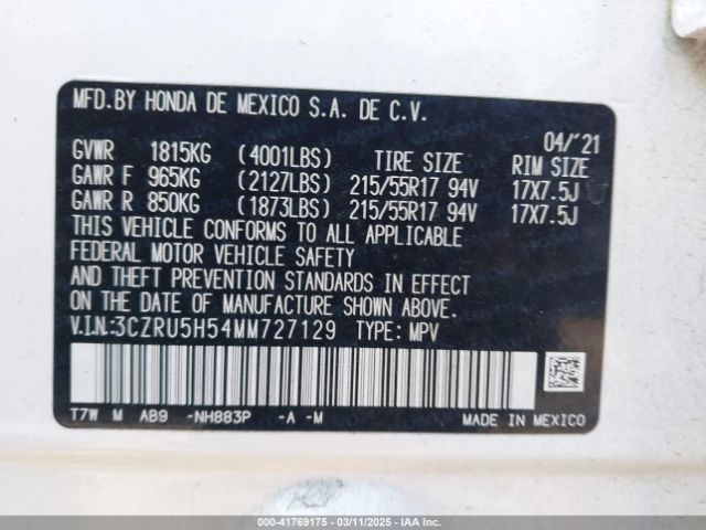 3CZRU5H54MM727129 Honda Hr-v 2wd Ex