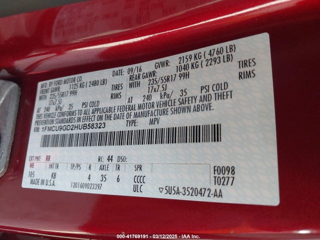 Ford ESCAPE SE 2017 1FMCU9GD2HUB58323 Image 9