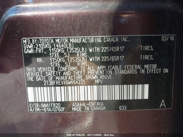 2T3BFREVXGW464225 Toyota RAV4 LE