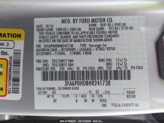 3FA6P0HD8HR241738 Ford FUSION SE
