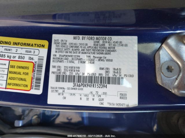 3FA6P0K94FR152394 Ford Fusion Titanium