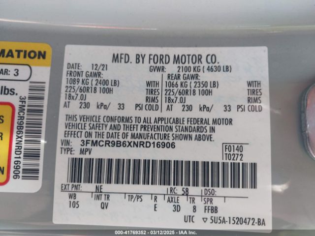 3FMCR9B6XNRD16906 Ford Bronco Sport Big Bend