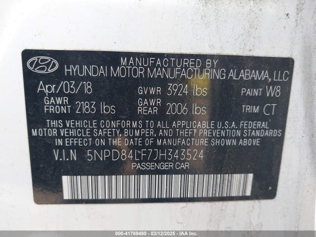5NPD84LF7JH343524 Hyundai ELANTRA SEL