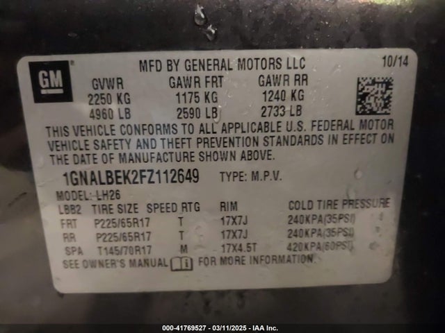 1GNALBEK2FZ112649 Chevrolet EQUINOX 1LT