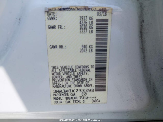 1N4AL3AP3JC233398 Nissan Altima 2.5 Sv