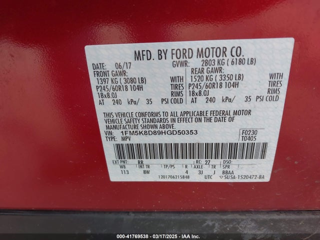 1FM5K8D89HGD50353 Ford EXPLORER XLT