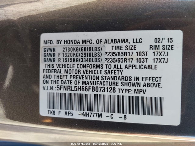 Honda Odyssey Ex-l 2015 5FNRL5H66FB073128 Image 9