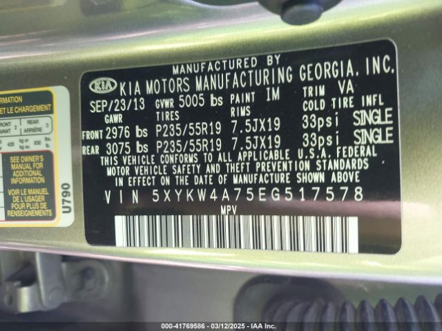 5XYKW4A75EG517578 KIA Sorento Limited V6