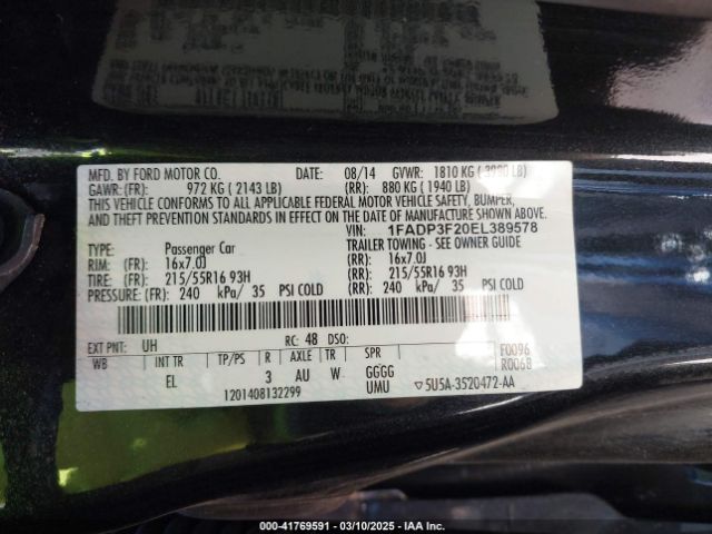1FADP3F20EL389578 Ford FOCUS SE