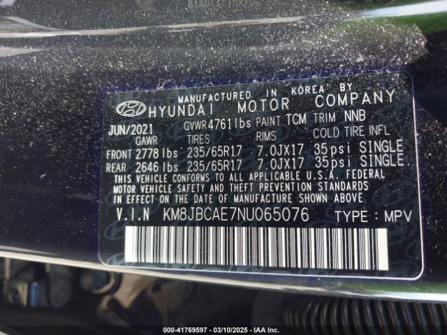 KM8JBCAE7NU065076 Hyundai TUCSON SEL