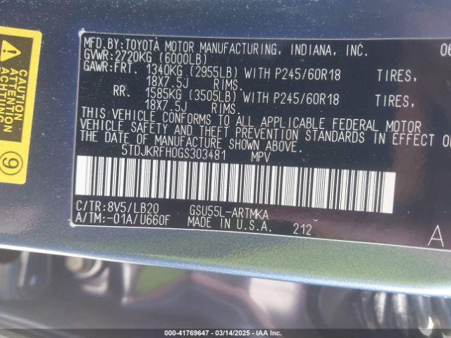 5TDJKRFH0GS303481 Toyota Highlander Xle V6