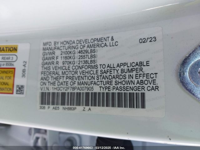 1HGCY2F78PA007905 Honda Accord Hybrid Sport-l
