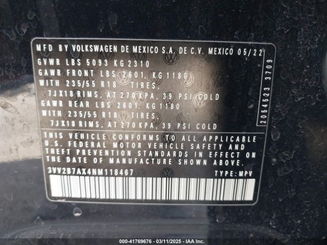 3VV2B7AX4NM118467 Volkswagen Tiguan 2.0t Se