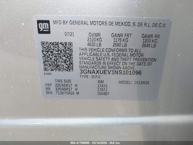 3GNAXUEV1NS101096 Chevrolet Equinox Awd Lt