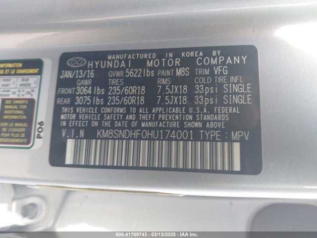 KM8SNDHF0HU174001 Hyundai Santa Fe Se