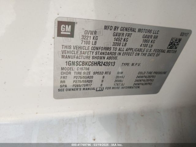 1GNSCBKC6HR243913 Chevrolet Tahoe Lt