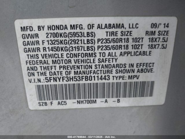 5FNYF3H53FB011443 Honda Pilot Ex-l